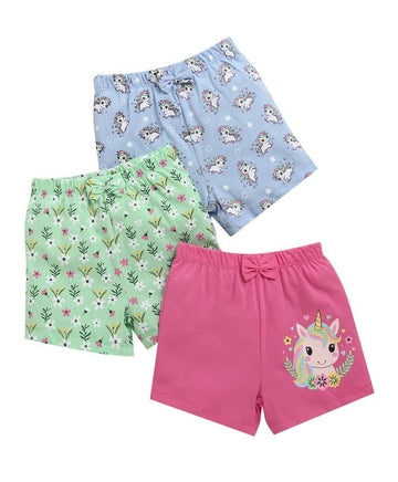 Bumzee Girls Cotton Above Knee Length Shorts Pack Of 3 Green & Pink  1824 Months (Peb10446EGrn)