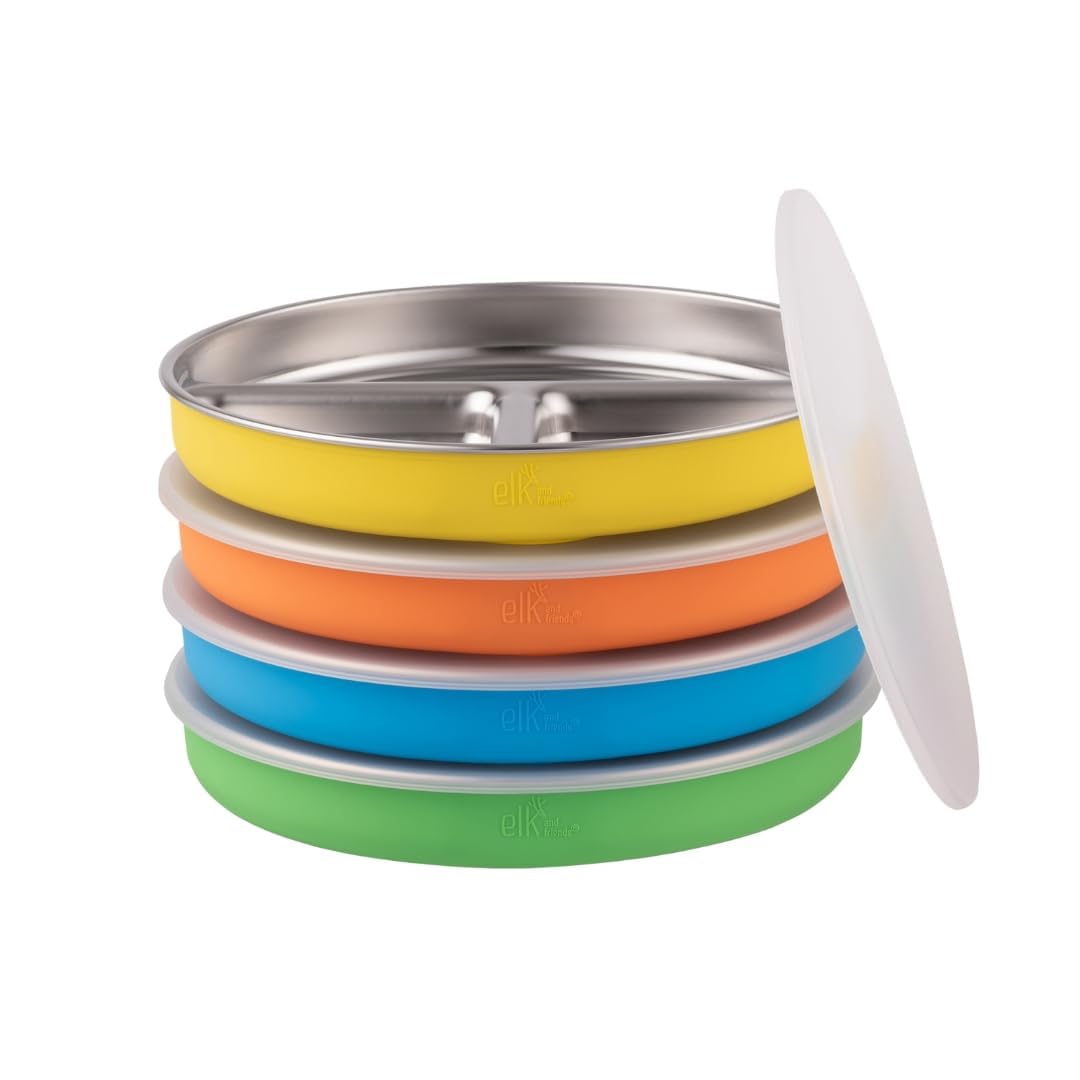 Elk and Friends Stainless Steel Divided Plates with Normal Sleeve for Babies & Toddlers | Lids Included Dinner & Snack Plates | 