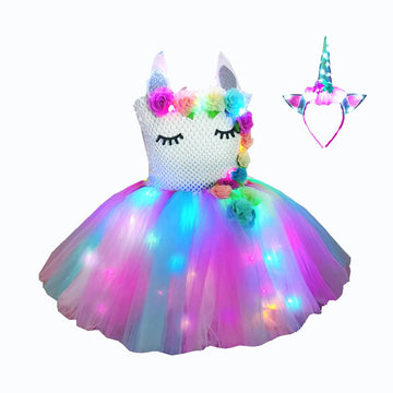Bddedd Unicorn Dress For Girls,Unicorn Costumes Led Lighted Tutu Dress With Headband Wing For Birthday Party (Pink+Flower, 3~4Y)