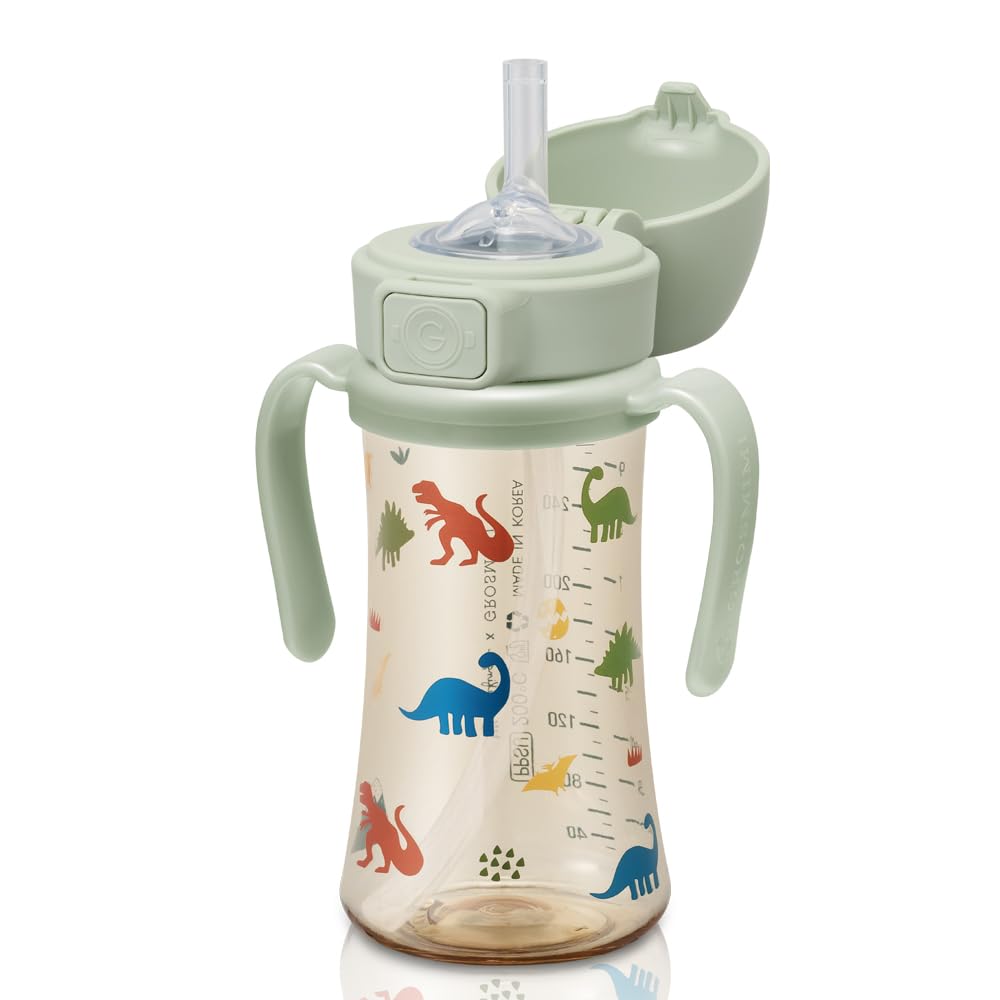 Grosmimi Flip Top Spill Proof Sippy Cup, Ppsu, Bpa Free, 10 Oz, Stage 2 Straw For Toddlers (Dinosaur)