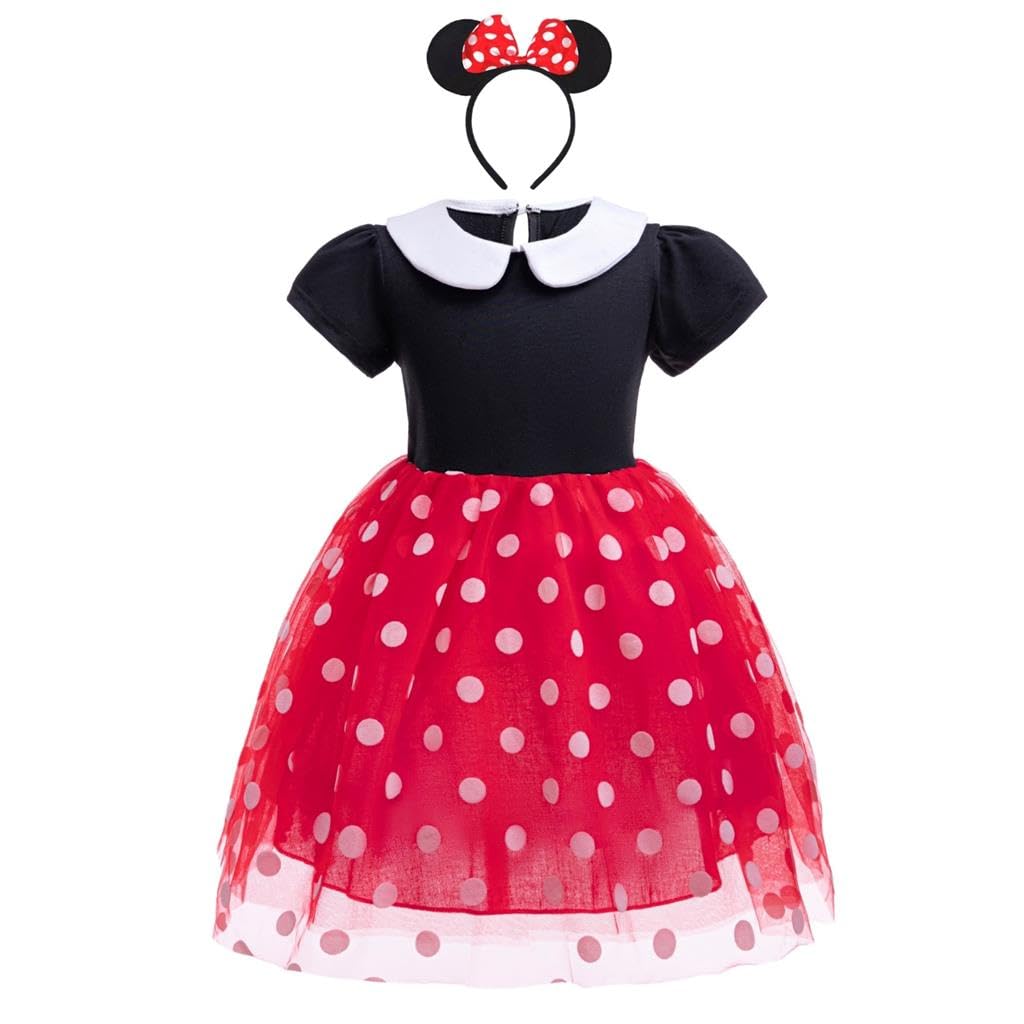 Dressy Daisy Little Girls Polka Dots Fancy Dress Up Halloween Costume Birthday Party Outfit with Mouse Ears Headband Size 7-8, R