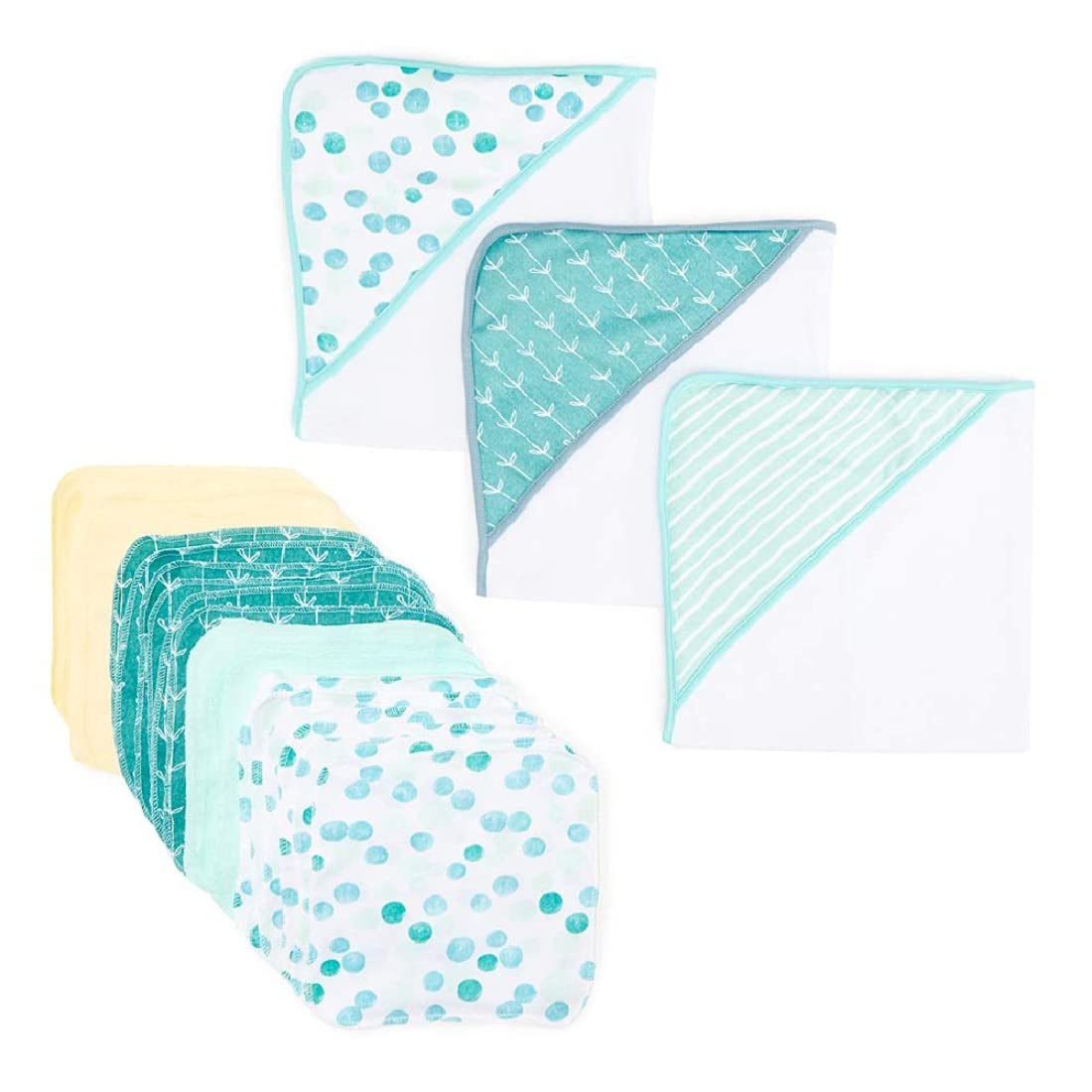 Spasilk Bath Hooded Towels & Washcloths Set For Babies, 23-Piece Gift Set, Green Dots