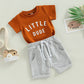 Toddler Baby Boy Clothes Letter Short Sleeve T Shirt Top Boys Shorts With Pocket Cute Summer Outfit 2Pcs Set (Little Dude Carame