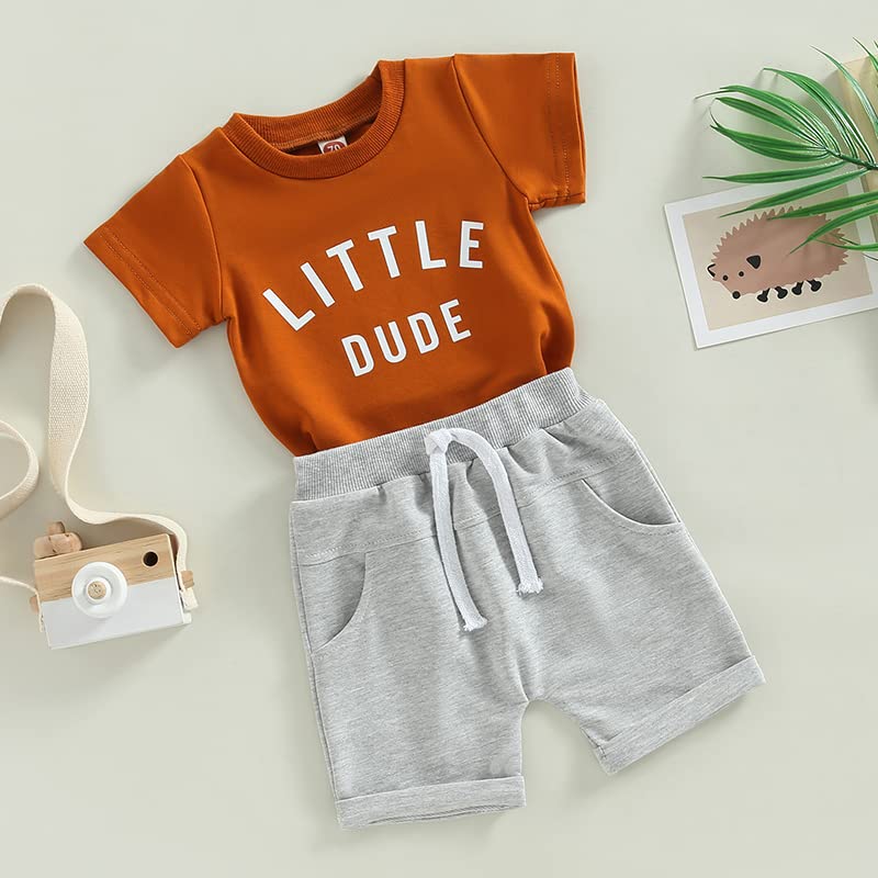 Toddler Baby Boy Clothes Letter Short Sleeve T Shirt Top Boys Shorts With Pocket Cute Summer Outfit 2Pcs Set (Little Dude Carame