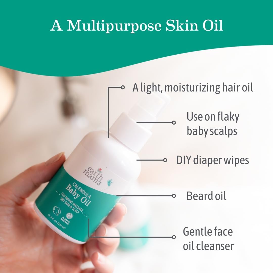 Earth Mama Calendula Baby Oil | Massage Oil For Newborn Skin Care, Dry Skin & Scalp Moisturizer, Fragrance Free, 4-Fluid Ounce (