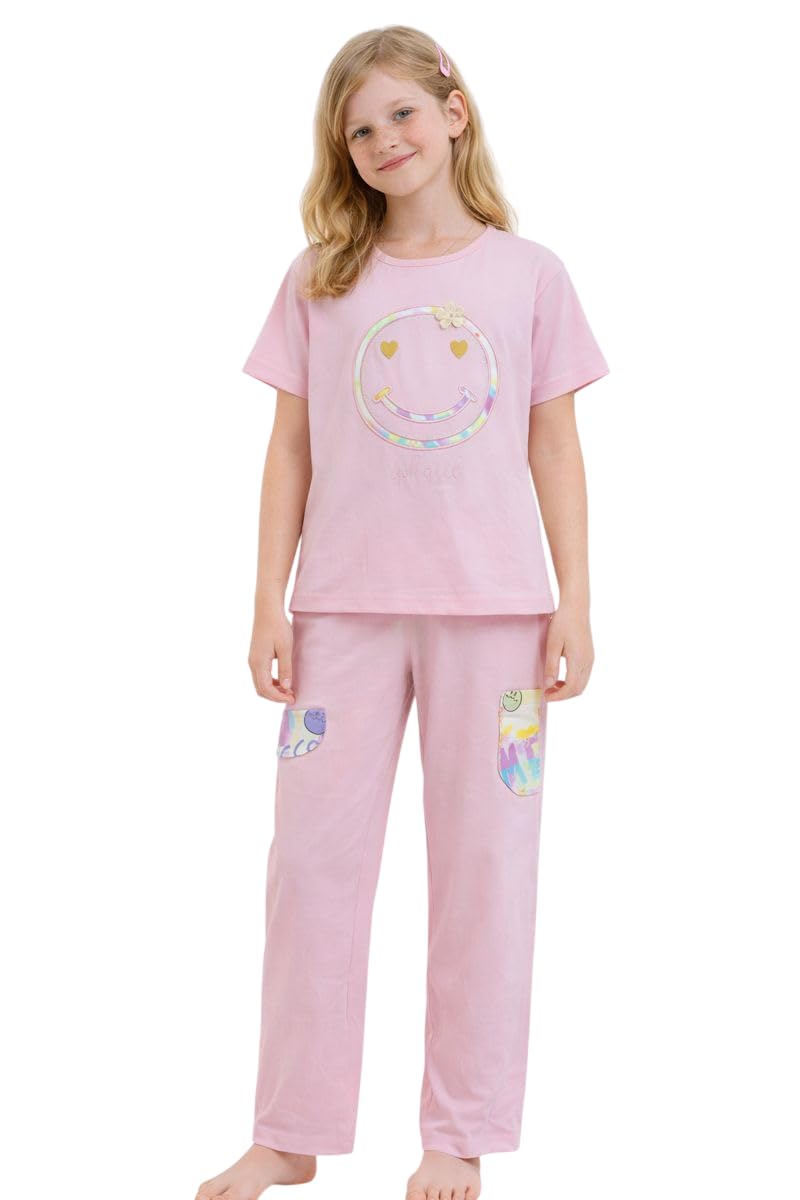 SPORTKING Girls Printed Night Suit Set | Cotton Blend Half Sleeve TShirt & Pajama Set | Soft & Comfortable Sleepwear | Pink (Pi