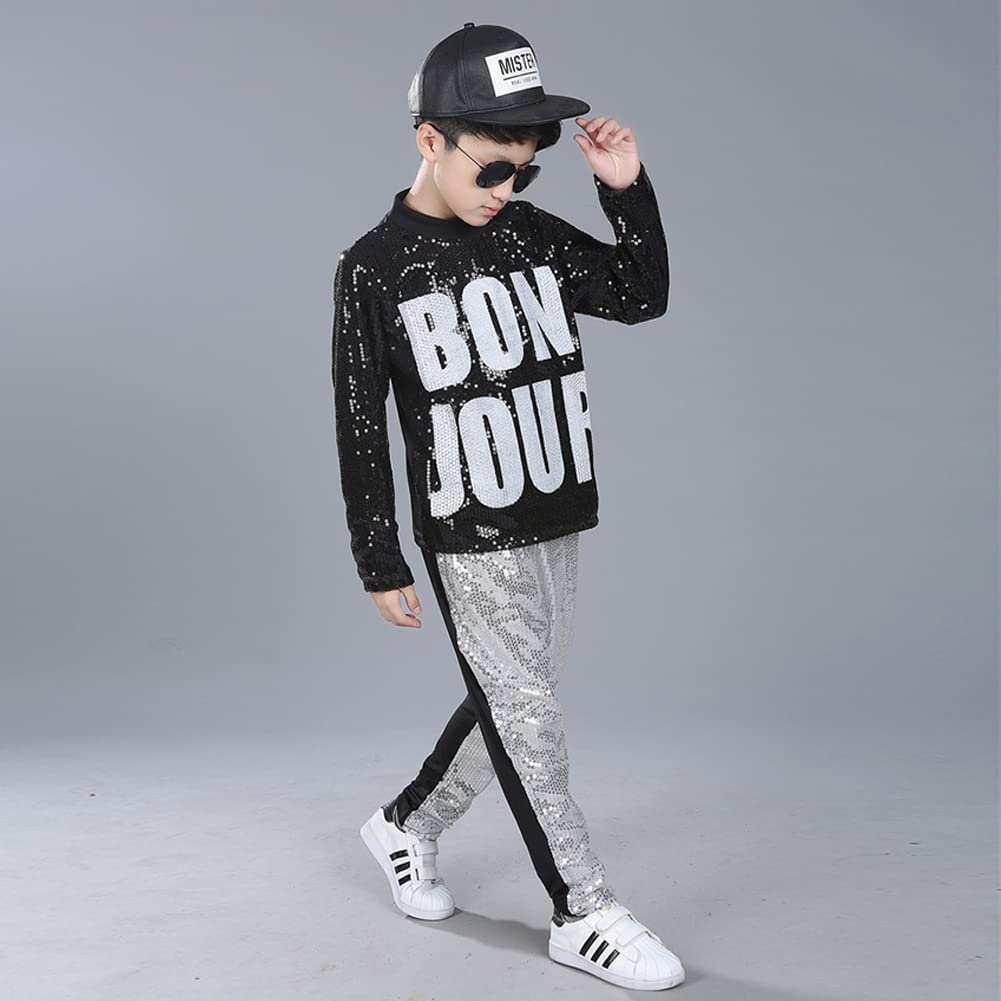 Lolanta Kids Dance Costume Boys Girls Sequins Hip Hop Clothes 80S 90S Outfits Shiny Dress Up Dancewear(Silver,8-10)