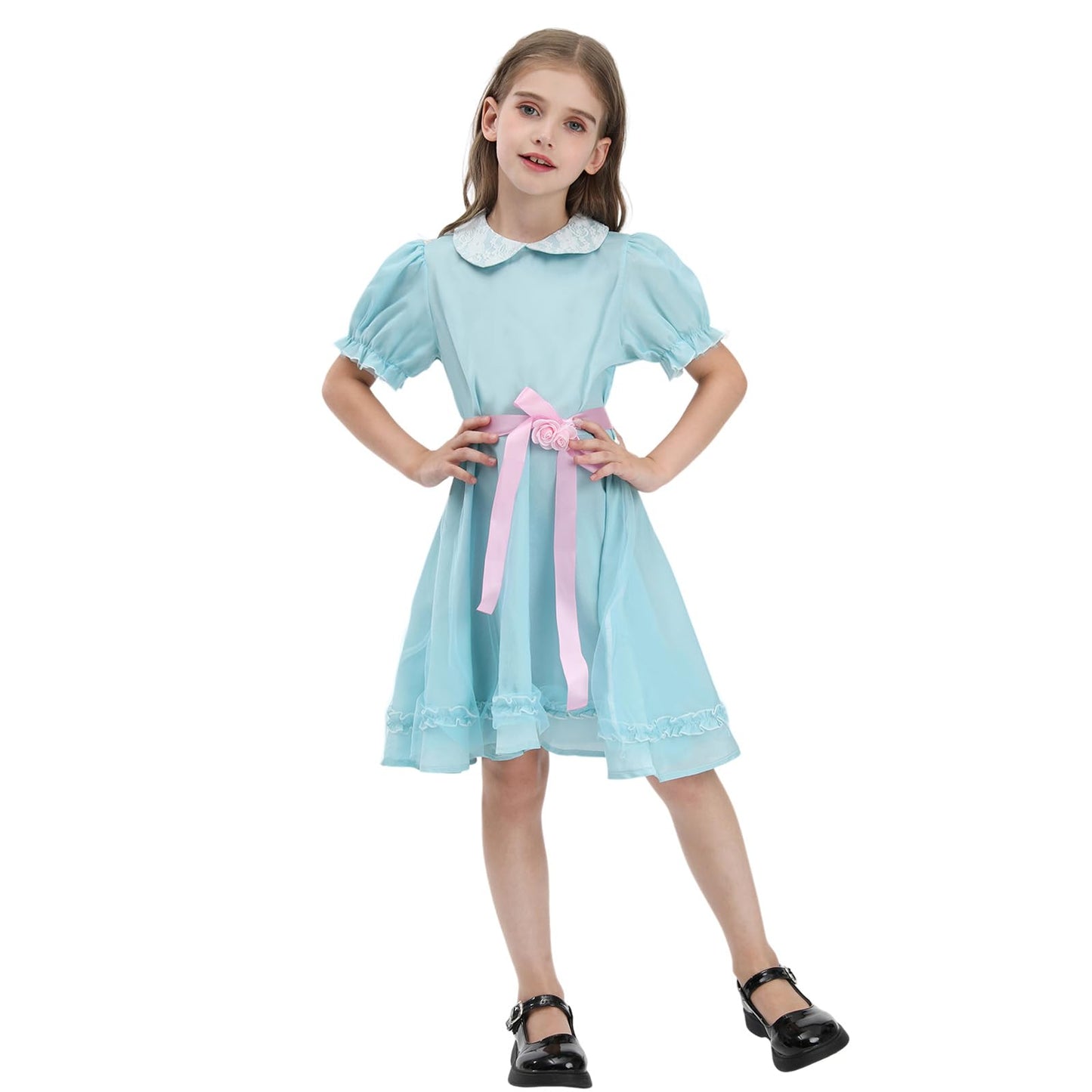 Cr Rolecos The Grady Twins Costume For Kids Girls Blue Creepy Sister Scary Doll Dress Halloween Party A150