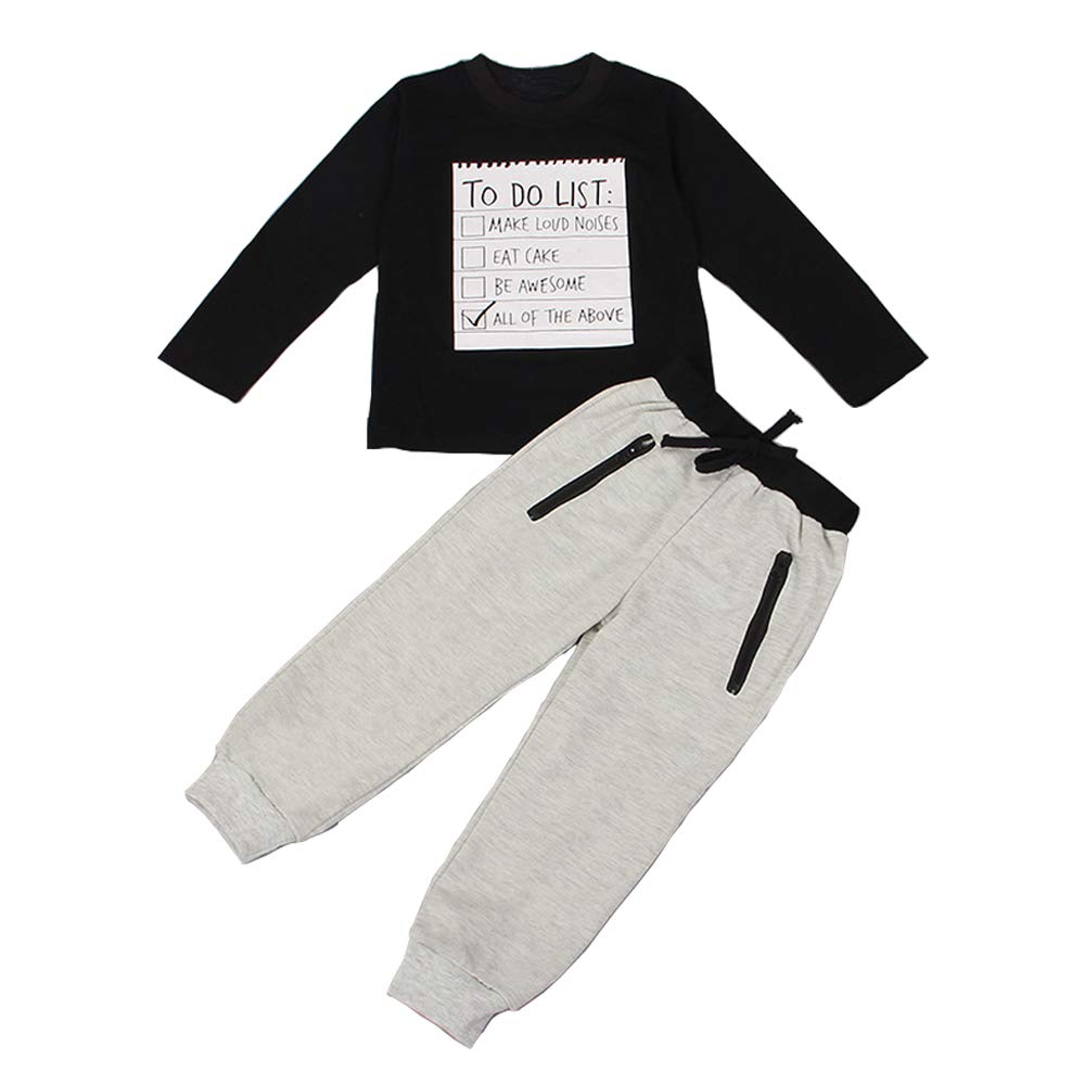 Modntoga Toddler Kids Boys Autumn And Winter Clothes Set Letter Print 2 Pieces Set Boys Cotton Clothing Set (Black+Gray, 5-6X)