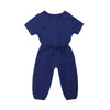 Mubineo Toddler Baby Girl Summer Fall Basic Plain Short Sleeve Cotton Linen Drawstring Romper Jumpsuit (Royal Blue, 4-5T)