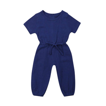 Mubineo Toddler Baby Girl Summer Fall Basic Plain Short Sleeve Cotton Linen Drawstring Romper Jumpsuit (Royal Blue, 4-5T)