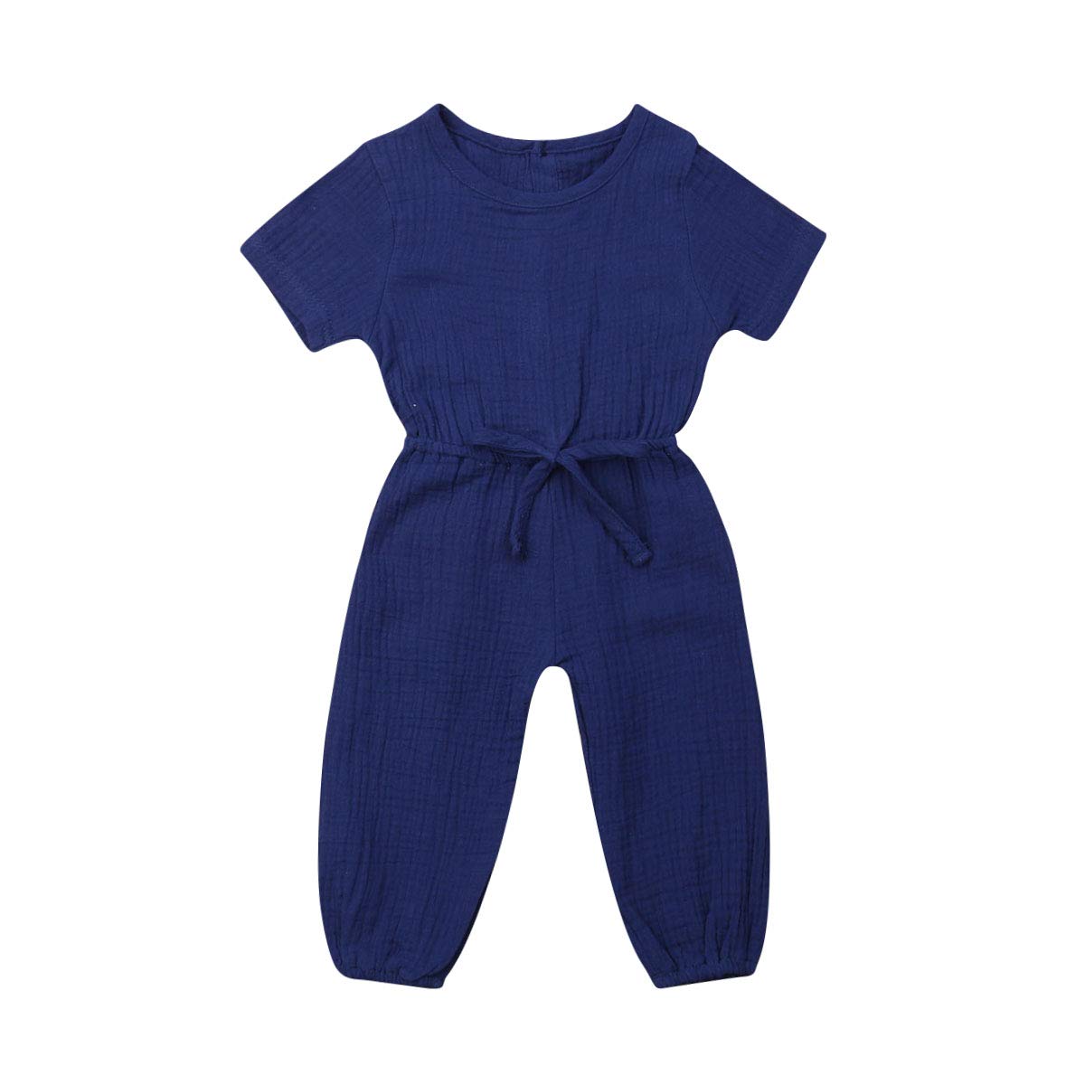 Mubineo Toddler Baby Girl Summer Fall Basic Plain Short Sleeve Cotton Linen Drawstring Romper Jumpsuit (Royal Blue, 18-24 Months