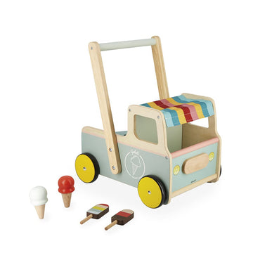 Janod - Janod - Wooden Pull-Along Ice Cream Cart/Trolley - 4 Ice Creams Included - Silent Wheels - Anti-Tip System - FSC-Certifi