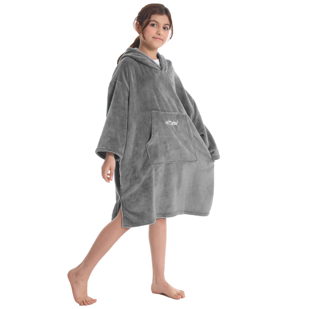 Hiturbo Kids Towel Changing Robe: Soft Plush Wearable Blanket - Warm Coral Fleece Hoodie - Swim Surf Poncho For 5-12 Years (Gray