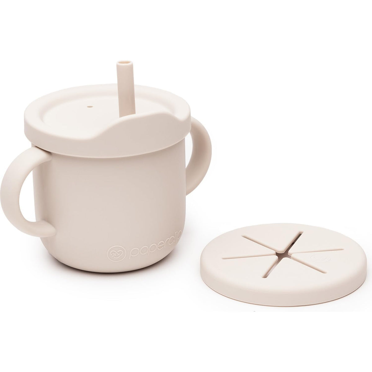 Moonkie Silicone Baby Cups With Straw And Lid For Snacks, 8.5 Oz SpillProof Sippy Cups, Training Cup For Toddlers Ages (Beige 2