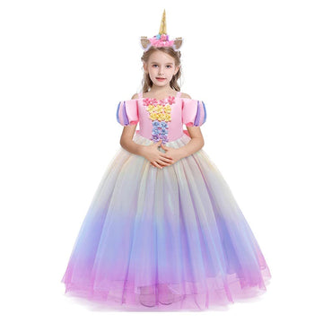 Myrisam Unicorn Costume Off-Shoulder Flower Rainbow Princess Birthday Pageant Party Halloween Carnival Long Tulle Fancy Outfits