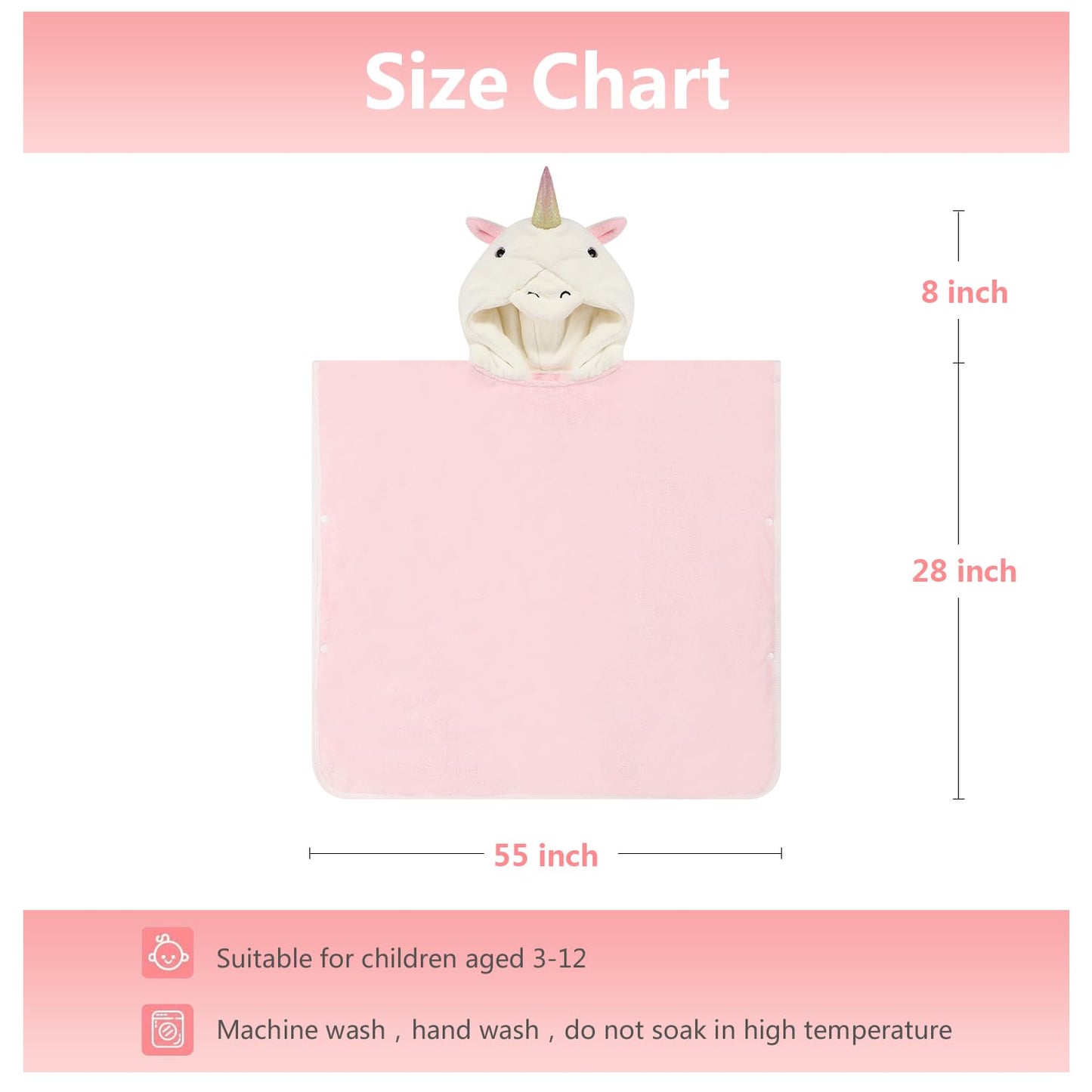 Pinnkku 3D Unicorn Hooded Towel, Ultrasoft & Absorbent Bath Towel For Babies, Infant, Toddler And Kids, Beach Poncho Towels, Gif