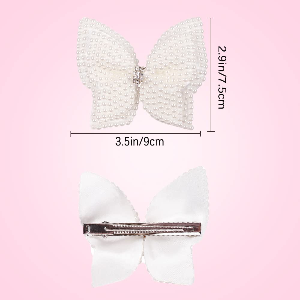 Double Layer Pearl Hair Bows For Girls, White Butterfly Flower Alligator Hair Bow Clip Wedding Rhinestone Hair Accessories For B