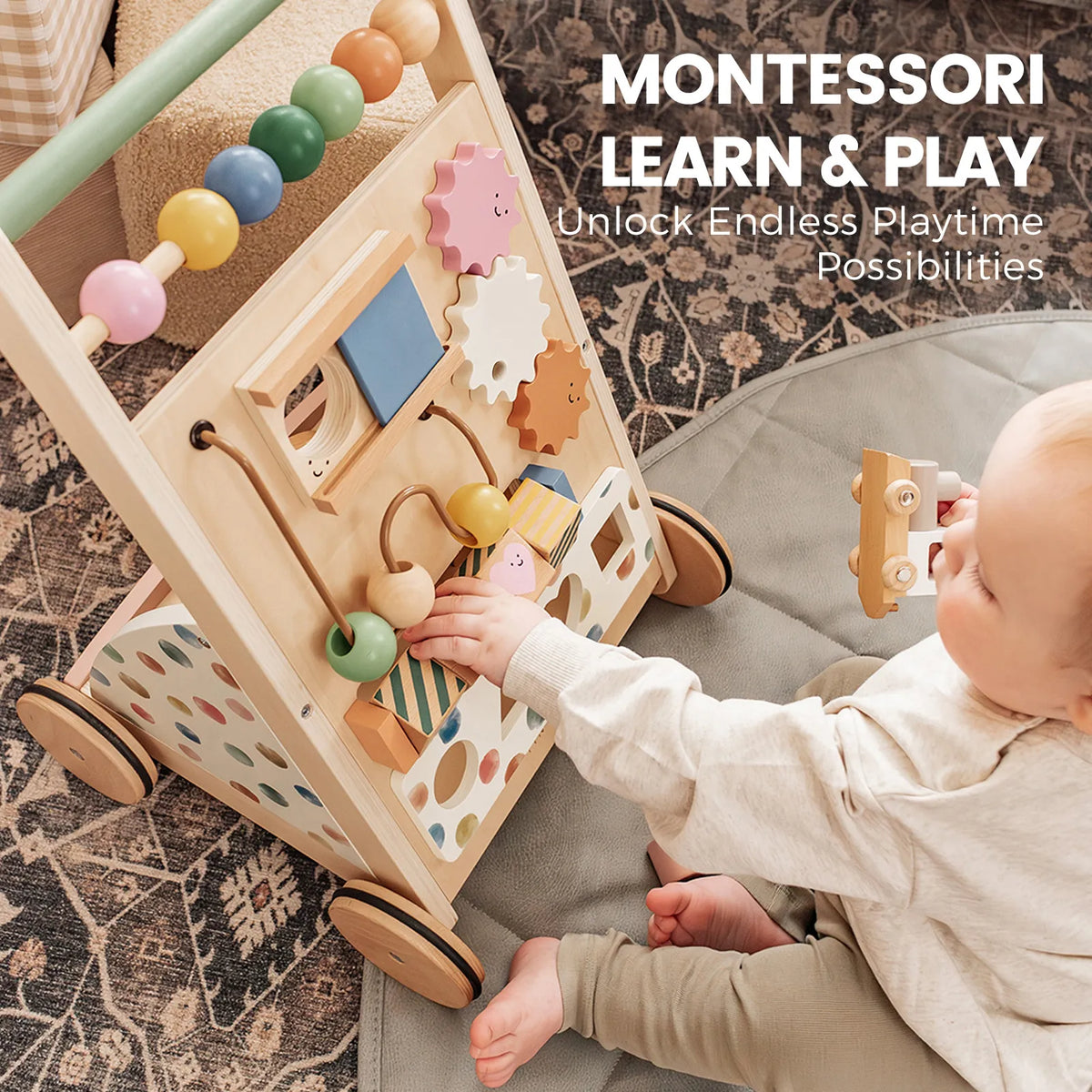 Tiny Land® Versatile Natural Wooden Baby Walker