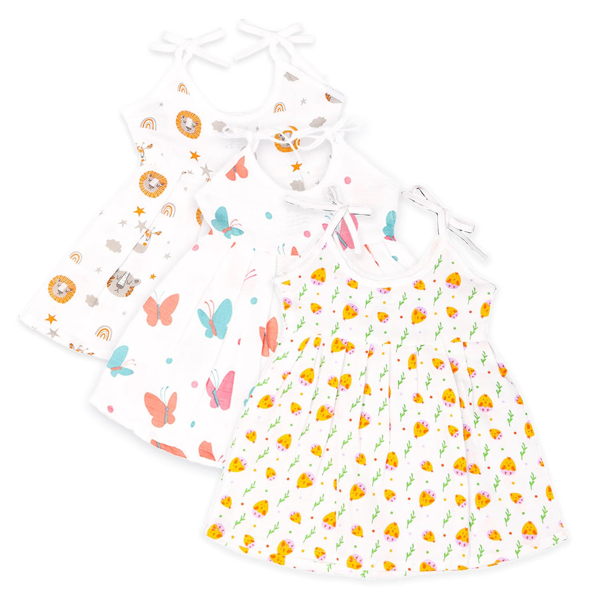 Kidbea Extra Soft Muslin Fabric Baby Girls Frock | Tiger, Cute Chick And Butterfly Print With Size 912 Months | Pack Of 3