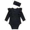 O2 Baby Organic Cotton Baby Girl Ruffle Romper Long Sleeve Bodysuit Jumpsuit With Headband Outfit Set(3-6Months,Black)