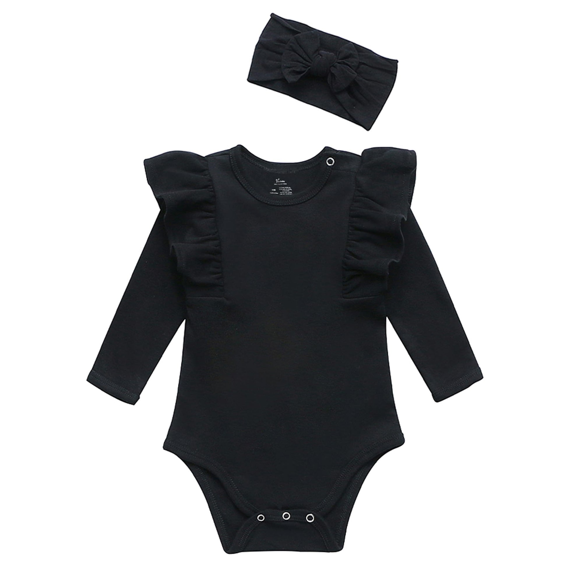 O2 Baby Organic Cotton Baby Girl Ruffle Romper Long Sleeve Bodysuit Jumpsuit With Headband Outfit Set(3-6Months,Black)