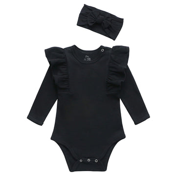 O2 Baby Organic Cotton Baby Girl Ruffle Romper Long Sleeve Bodysuit Jumpsuit With Headband Outfit Set(3-6Months,Black)