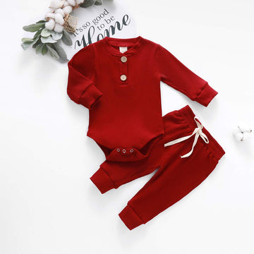 Baby Newborn Girls Boys Long Sleeve Clothes Striped Romper & Pants Set Infant Fall Winter Cotton Outfits (B-Red, 6-12 Months)