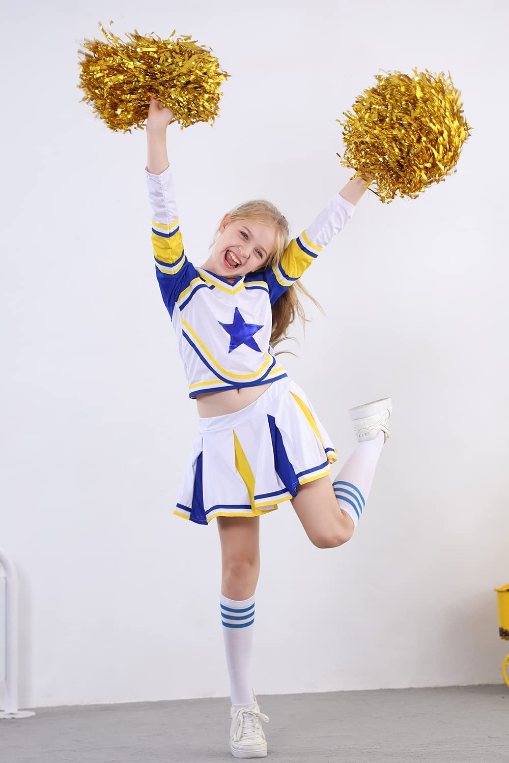 Lontakids Cheerleader Costume For Girls Cheerleading Uniform Dress Outfit With Stockings 2 Pom Poms (Blue, 160/11-12Years)