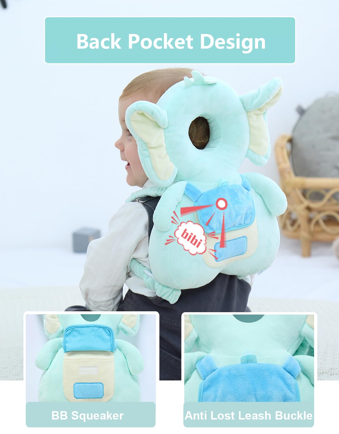 Head Safety Protector Pad For Baby Toddler Walker,Infant Talking Head Protection Backpack Cushion (Z Light Blue Elephant Sets)