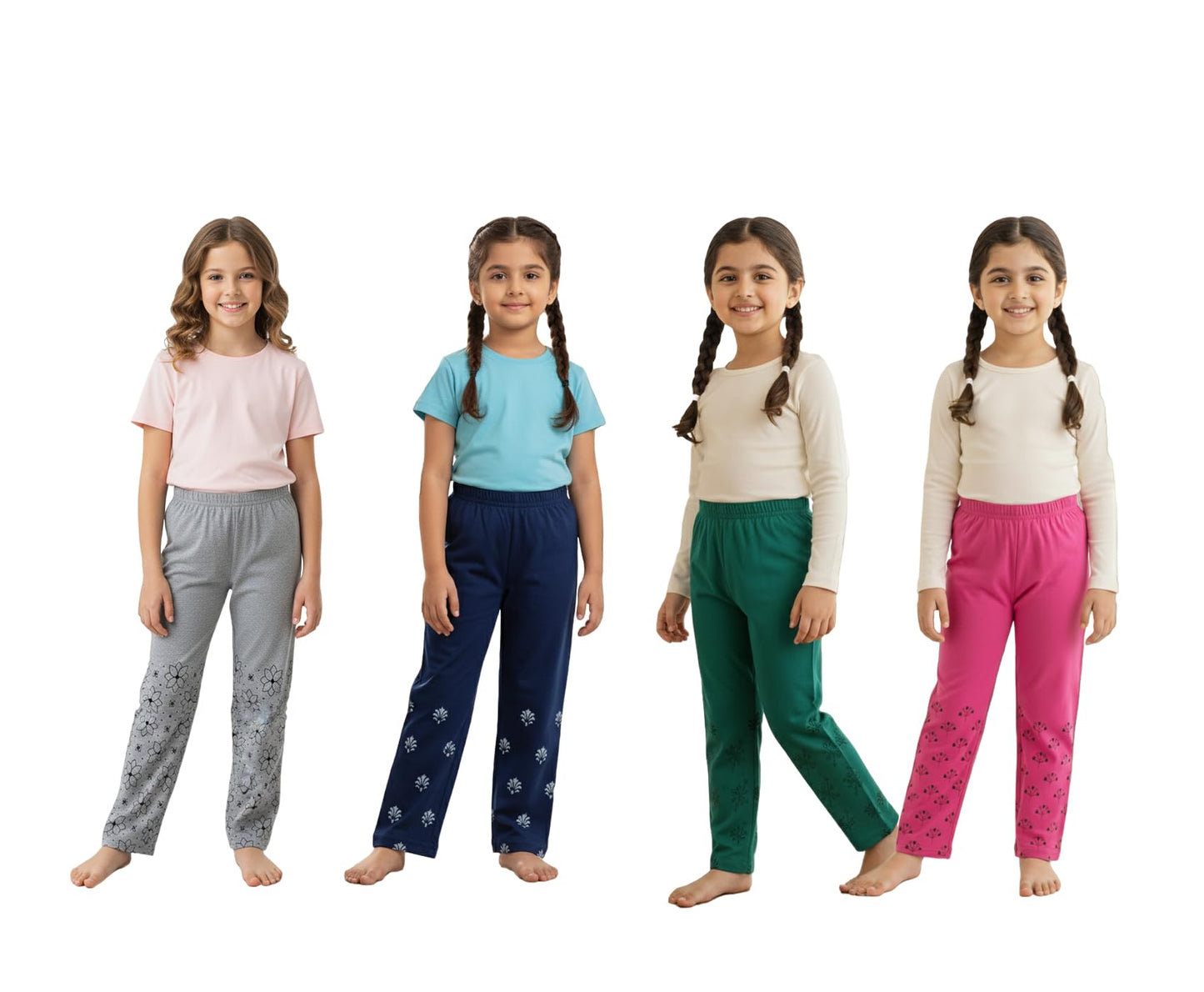 indi weaves Pack of 4 Girls Cotton Printed Pyjama Set, Soft Breathable Fabric, Elastic Waist Nightwear, Comfortable Kids Sleepwe