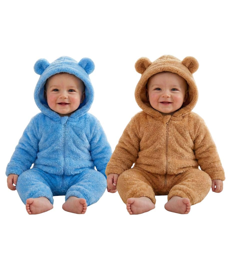 Baby Winter Fleece Romper, Hooded Bear Ears Design, Mint Green, FullZip Jumpsuit (2, Blue&Brown, 0309month)