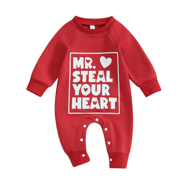 Twopumpkin Newborn First Valentines Outfit Baby Girl Boy Mr Steal Your Heart Long Sleeve Romper Jumpsuit Valentines Clothes (Red