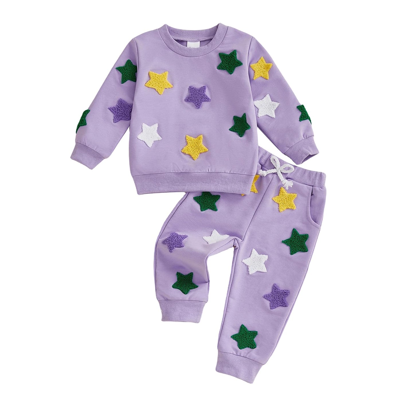 XRTBMN Toddler Boy Girl Mardi Gras Outfit Long Sleeve Star Sweatshirt Tops and Pants Set Infant Baby 2Pcs Spring Clothes (Purple