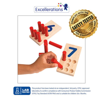 Excellerations Peg Number Board | Included: 10 Rubberwood Boards + 55 Wood Pegs + Storage Bag | Montessori Math Materials, Learn