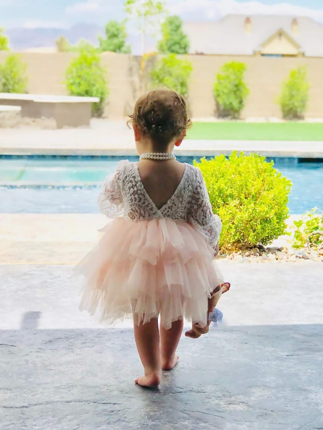 2Bunnies Girl Peony Lace Back A-Line Tiered Tutu Tulle Flower Girl Dress (Pink Bell Sleeve, 12M)