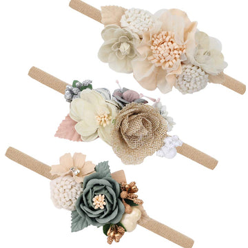 Pabobit Baby Girl Flower Nylon Headband-Elastic Hair Band Handmade Bow For Newborn Infant Toddler Pack Of 3 (Multicoloured)