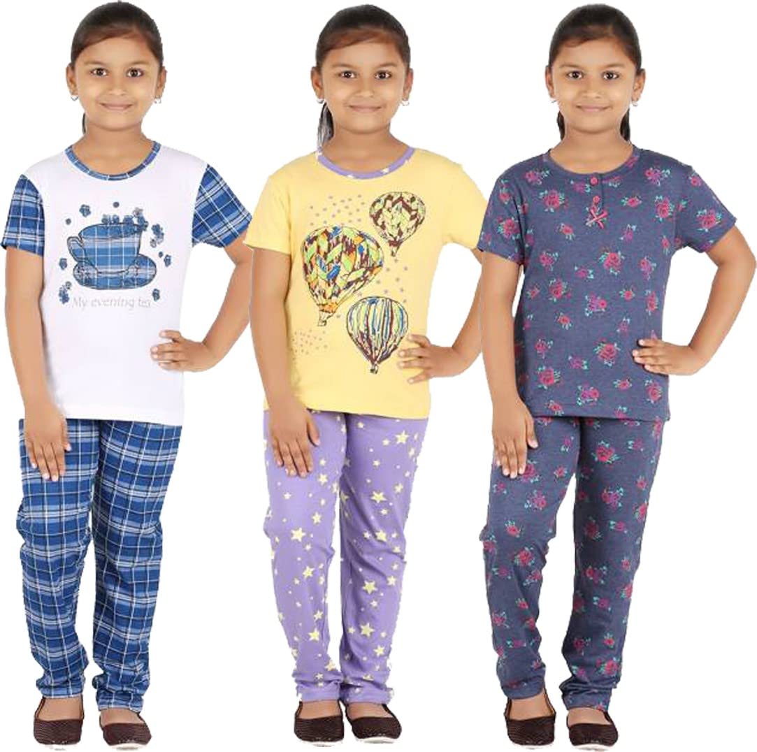 CHECKERSBAY Kid Girls Top & Pyjama Set (23 Years, White&Blue,Yellow&Purple,Blue)