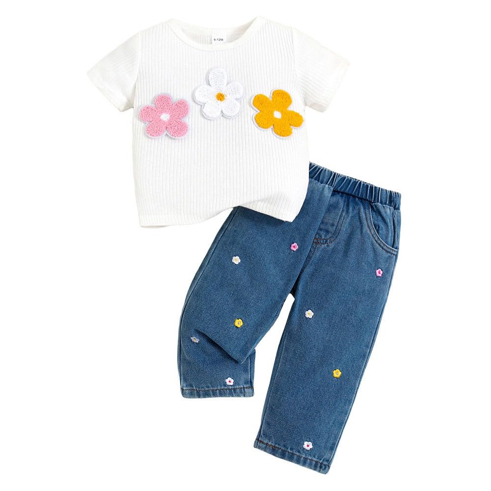 Hopscotch Baby Girls Floral Print Short Sleeves White Jeans Set For Ages (912 Months)