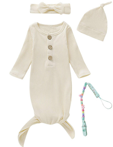 Morygooder Newborn Cotton Nightgowns Neutral Knotted Sleeper Baby Coming Home Outfit (White,0-6 Months)