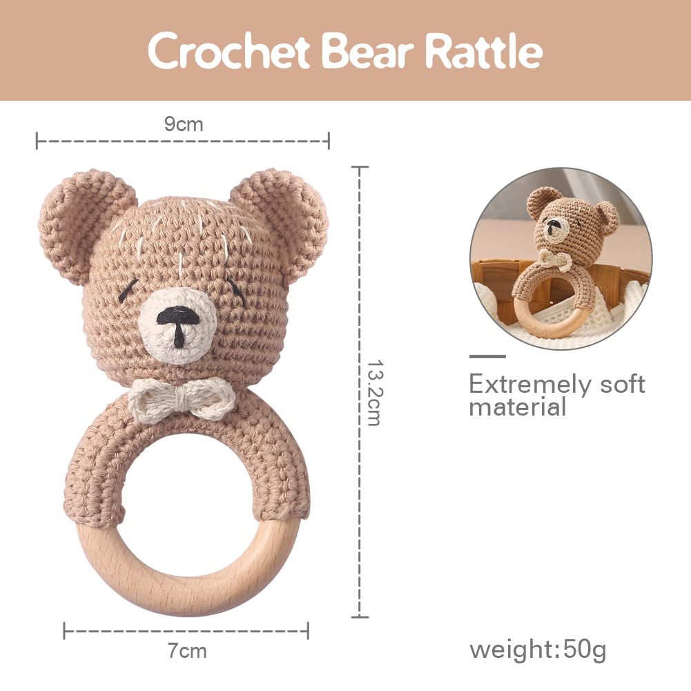 WOODEN TEETHER Baby Rattle, Shaker Toy,Crochet Baby Rattle, Crochet Baby Toys, Organic Wooden Newborn Toys, Newborn Animal Rattl