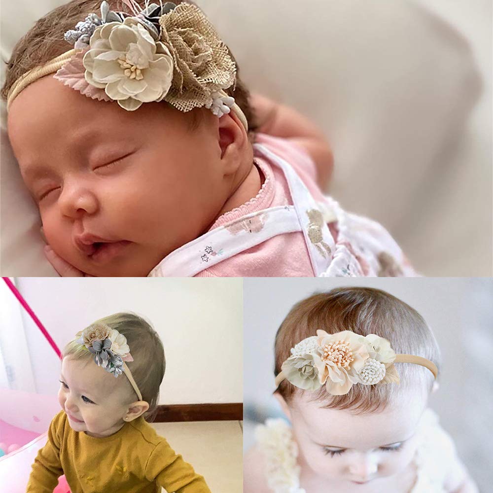 Pabobit Baby Girl Flower Nylon Headband-Elastic Hair Band Handmade Bow For Newborn Infant Toddler Pack Of 3 (Multicoloured)