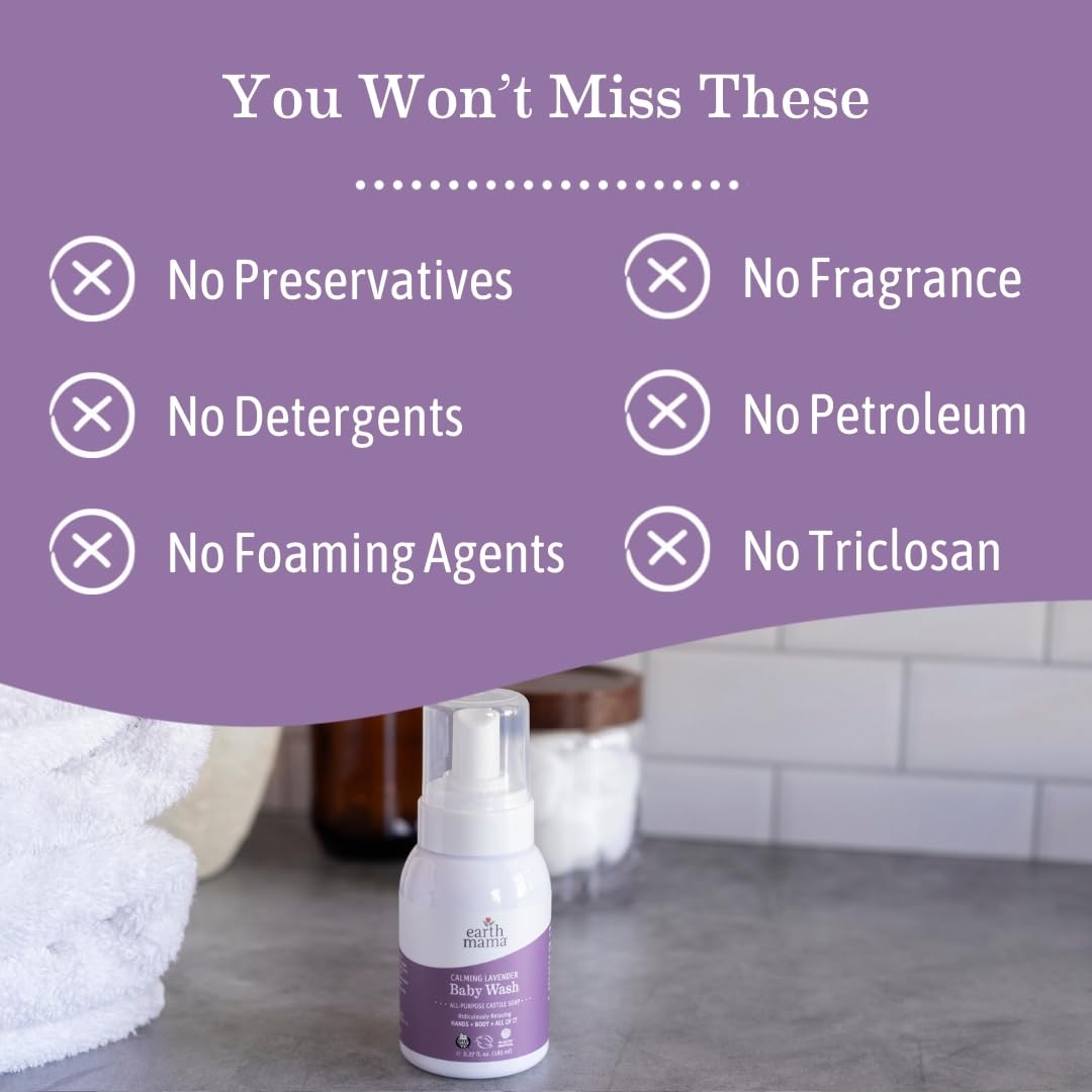 Earth Mama Baby Wash Foaming Hand Soap, Organic All-Purpose Lavender Body Wash For Sensitive Skin, Castile Soap With Coconut Oil