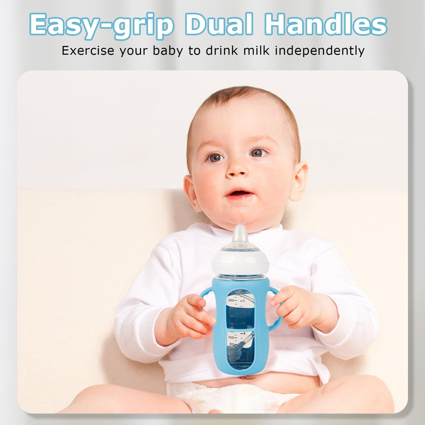 joyfeed Sippy Cup Conversion Kit with Handle & Anti-Breakage Silicone Sleeve - Compatible with Avent Natural Glass Baby Bottle 8