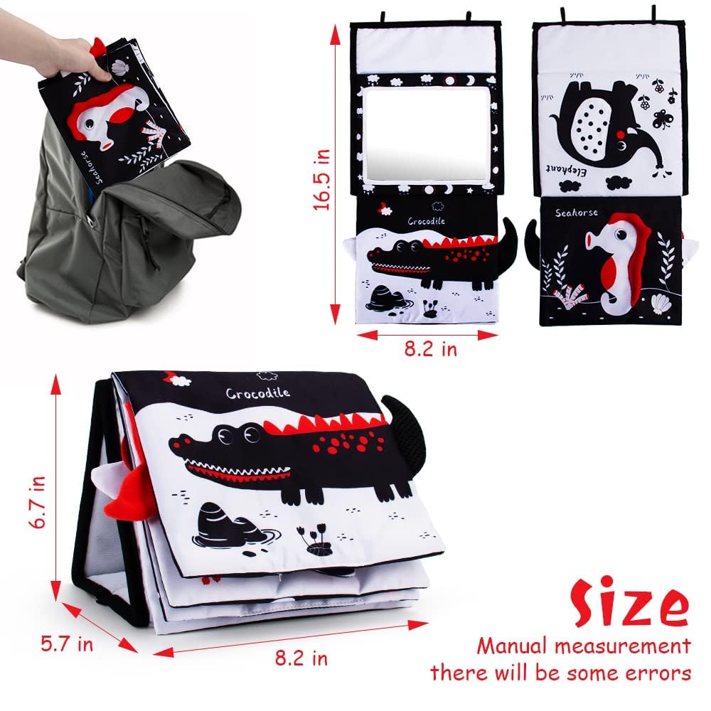 Oarifun Tummy Time Mirror, Baby Tummy Time Toys with Soft Book, Black and White High Contrast Baby Toys, 3D Activity Sensory Mon