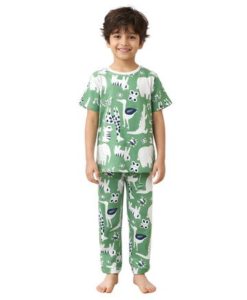 ANTHRILO Animal Green Short Sleeve Pyjama Set for Boys | Soft Cotton Sleepwear | Night Suit & Pyjama Set | Casual Wear | 1012 Y