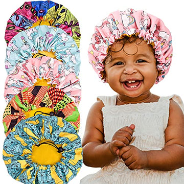 5 Pieces Kids Satin Bonnet Adjustable Sleeping Cap Soft Silk Hair Bonnet Flower Night Hats For Natural Hair Teens Toddler Child