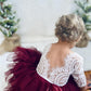 2Bunnies Girl Peony Lace Back A-Line Tiered Tutu Tulle Flower Girl Dress (Burgundy Sleeve Short, 7-8Yrs)