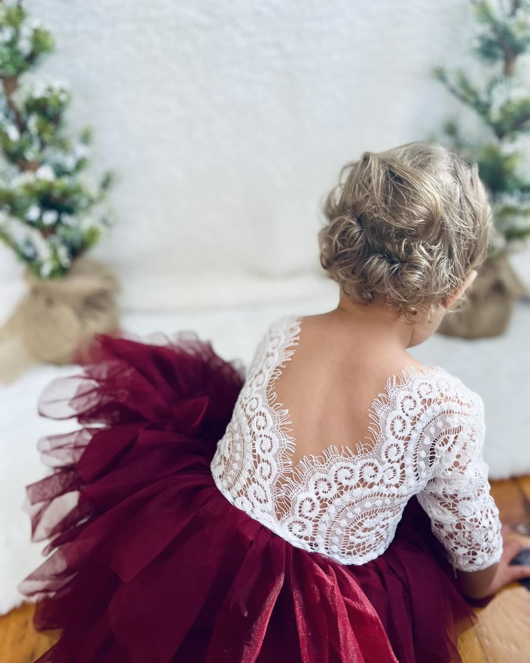 2Bunnies Girl Peony Lace Back A-Line Tiered Tutu Tulle Flower Girl Dress (Burgundy Sleeve Short, 7-8Yrs)
