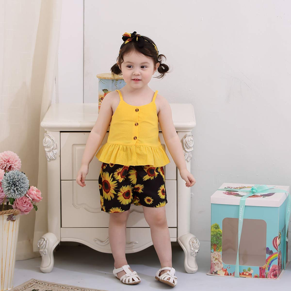 Kucnuzki Toddler Baby Girl Clothes Summer Outfits Ruffle Sleeveless Linen Shirt Kid Short Set For Girl (6-9 Months, Yellow+Black